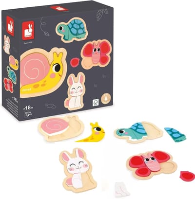 Houten Puzzel Tuindieren 4-in-1 voor Peuters vanaf 18 maanden - Stapsgewijs Leren Legpuzzel