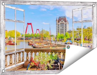 Gards Tuinposter Doorkijk Kleurrijke Oude Haven in Rotterdam - 60x40 cm - Tuindoek - Tuindecoratie - Wanddecoratie buiten - Tuinschilderij