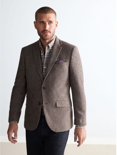 Next - Heren - Normale Pasvorm - Signature Nova Fides Blazer van wolblend met visgraatmotief - Bruin