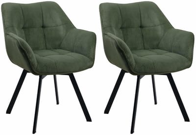 CLP Jordi Set van 2 eetkamerstoelen - Met armleuning - Metaal frame - Ribstof/groen