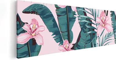 Artaza Canvas Schilderij Tropische Bladeren - 60x20 cm - Wanddecoratie Bloemen - Muurdecoratie Botanisch - Kamer Accessoires Roze