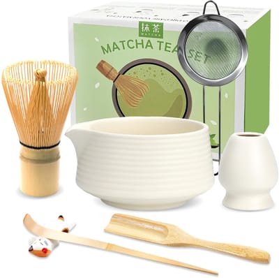 Dailygoods- Matcha Set 6-delig - Bamboe Matcha Klopper - Matcha Kom met Tuit - Matcha Bezemhouder - Lepel en Houder - Japanse Matcha Accessoires - Theeset