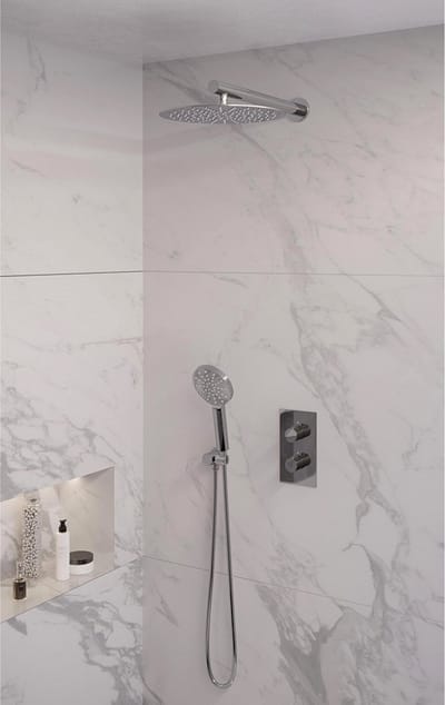 Brauer Chrome Edition thermostatische inbouw regendouche 3-weg omstelling SET 32 met 30 cm douchekop en rechte muurarm en 3-standen handdouche en doucheslang en wandaansluitbocht chroom