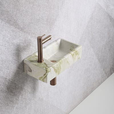 Fonteinset Mia 40.5x20x10.5cm marmerlook wit groen links inclusief fontein kraan, sifon en afvoerplug copper