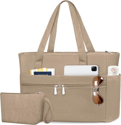 Dames Corduroy Tote Bag met Grote Capaciteit, Schoudertas met Rits en Pocket voor School, Werk en Winkelen