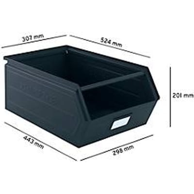 Schäfer Shop Select magazijnbak met open voorzijde, met draagbeugel, L 524 x B 307 x H 201 mm, 26 l, 120 kg, staal, RAL 5008 (grijsblauw)