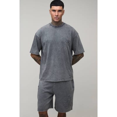 Lang Oversized Gothic Fleur De Lis Applicatie Gewassen T-shirt & Baggy Short Set | Charcoal | Size Small