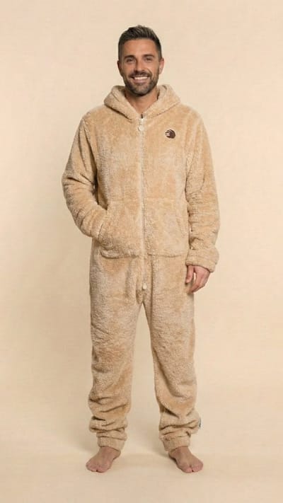 Heren Knuffle Fleece Onesie® | Warme onesie huispak jumpsuit voor mannen | Superzacht & comfortabel | Premium kwaliteit | Duurzaam & CO₂-neutraal geproduceerd in Portugal | Champagne maat S