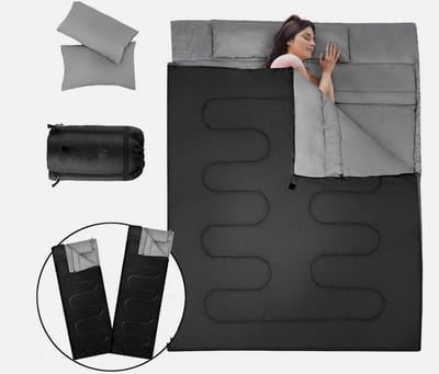 KOMFOTTEU tweepersoonsslaapzak met 2 kussens - 220x150cm campingslaapzak - slaapzak voor 2 personen - 0 - 15 °C - dekenslaapzak - 2 gebruikswijzen