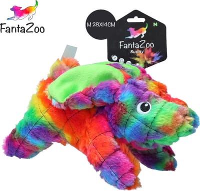 FantaZoo Bunny kleurrijke en gerecyclede honden knuffel – zeer stevig en zacht – maat m 28x14cm - geschikt voor medium hond