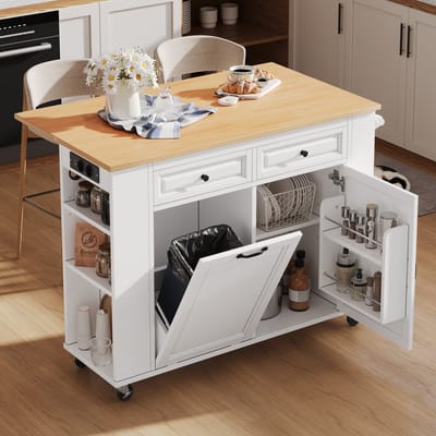Keukeneiland - Uitschuifbare Eettafel met Afvalbakvak en Handdoekhouder - Mobiel Serveertrolley - MDF - Wit