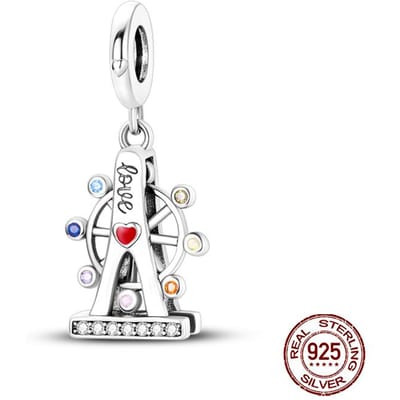 Parc d'Attractions Bâtiment Grande Roue et Manège Breloque Perle S'adapte aux Bracelets 3 mm Véritables Femmes Cuivre Charme Bijoux Cadeau white