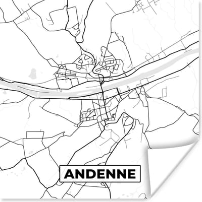 Poster Zwart Wit – België – Plattegrond – Stadskaart – Kaart – Andenne - 100x100 cm XXL
