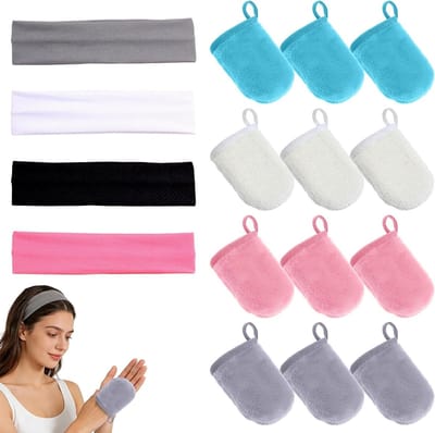 Wasbare Make-up Remover Handschoen en Haarband Set met 16 Herbruikbare Doekjes voor Gezichtsreiniging, Ultra Zacht en Geschikt voor Alle Huidtypes
