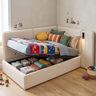 KOMHTOM - Dagbed - 90x200 cm - met hydraulische opbergruimte - gestoffeerd bed - slaapbank - met USB-oplaadaansluiting en leeslamp - beige - bouclé