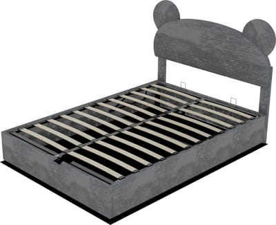 COVREO Gestoffeerd bedframe met opbergruimte – 200x140x133 cm – Normaal bed met gaslift – Cartoon hoofdbord voor kinderkamer – Grijs - zonder matras