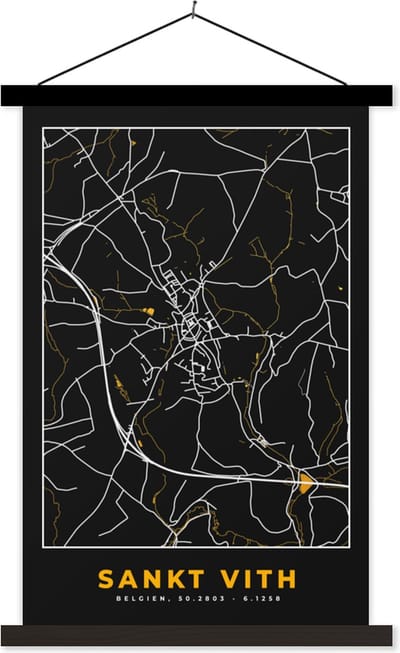 Posterhanger incl. Poster 40x60 cm - Schoolplaat - Sankt Vith - Stadskaart - Kaart - Goud - Plattegrond - Textielposter - Zwarte latten - Stadskaart