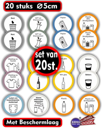 Jerma - Recycling - Stickers - 20 st - Ø 5 cm - Afval scheiden - Weerbestendig - Vinyl - Zelfklevend