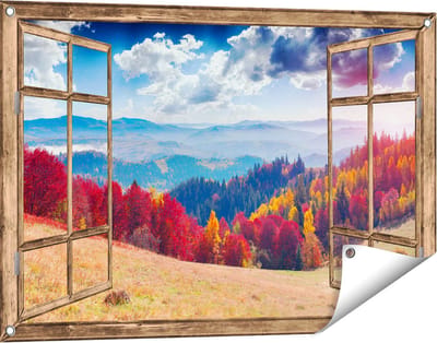 Gards Tuinposter Doorkijk Kleurrijke Herfstbos met Heuvellandschap - 90x60 cm - Tuindoek - Tuindecoratie - Wanddecoratie buiten - Tuinschilderij