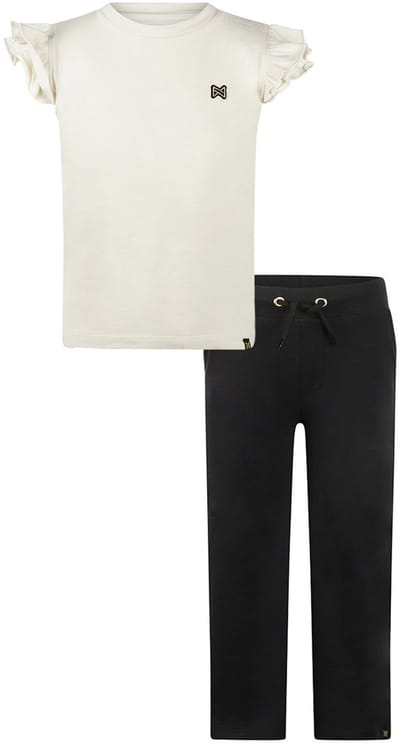 Koko Noko - Basic collection - Biologisch katoen - Kledingset - 2 delig - Joggingbroek Zwart - Shirt Offwhite met roesjes - Maat 92