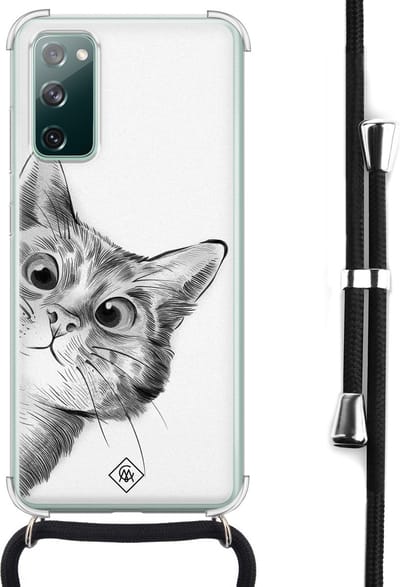 Casimoda® hoesje met koord - Geschikt voor Samsung S20 FE - Kiekeboe Kat - Afneembaar koord - Siliconen/TPU - Wit