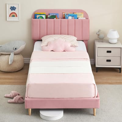 Eenpersoonsbed 100x190 cm - Fluweelen Bedframe met Boekenkast Hoofdbord - roze - Inclusief Houten Lattenbodem