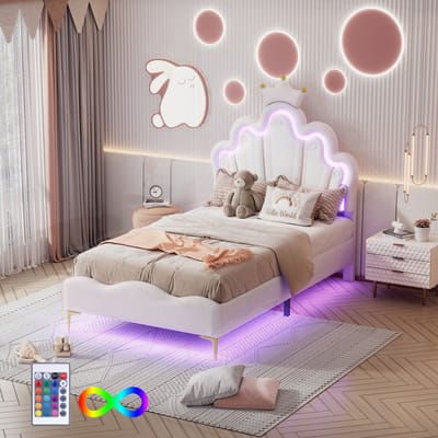 DESMIU Gestoffeerd Bed 90 x 200 cm – Prinsessenbed Met Kroonvormig Hoofdeinde & Sfeerverlichting – Verstelbare Hoogte – Zonder Matras – Wit