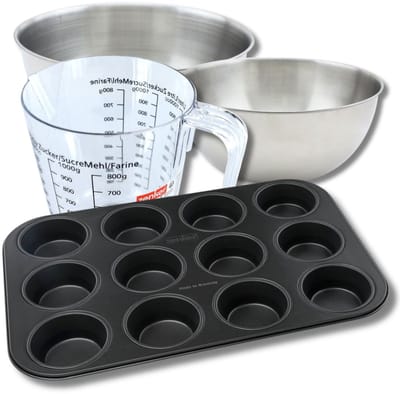 Bakkersset met muffinvorm 12 holtes 38 x 26 cm, 2 mengkommen, maatbeker en spatel Zenker