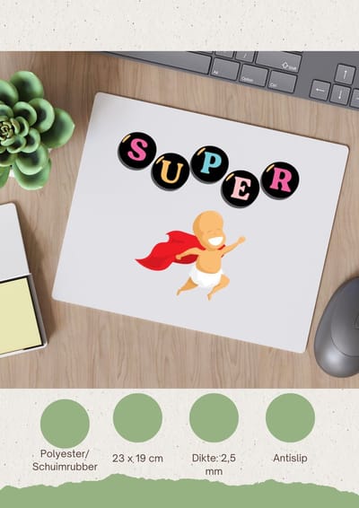 Akyol - super baby met cape Muismat - Baby - super baby - verjaardag - geboorte - baby shower - cadeau - kado - geschenk - gift - 23 bij 19 cm