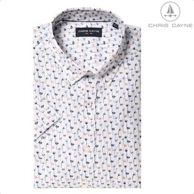 Chris Cayne heren overhemd - korte mouw - M - borstzak - zand/blauw - geprint dessin - 100 % Katoen - borstzak