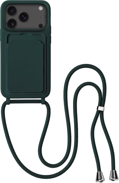 Hoes Geschikt voor iPhone 17 Pro / 18 Pro Hoesje Pas Houder Case Hoes Met Koord - Hoesje Geschikt voor iPhone 17 Pro / 18 Pro Hoes Met Telefoonkoord Pasjeshouder Cover - Donkergroen