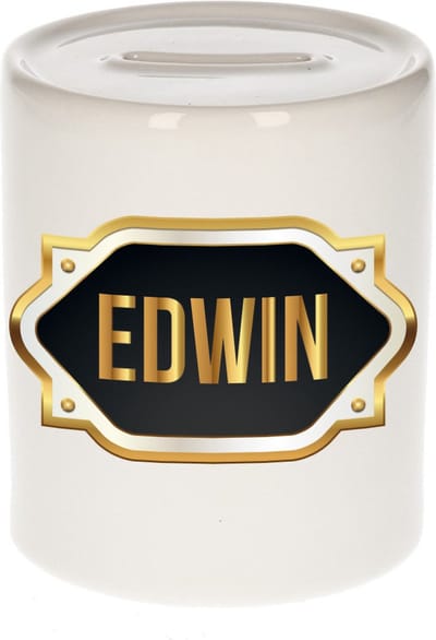 Spaarpot met voornaam Edwin - wit - met goud/zwart embleem - 8 x 9 cm - keramiek - met afsluitdop - cadeau verjaardag
