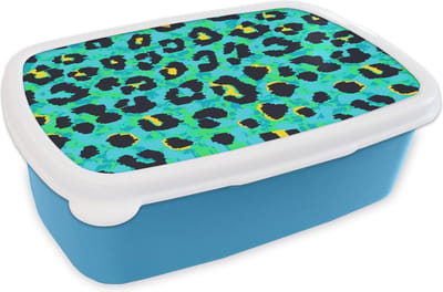 Broodtrommel Blauw - Lunchbox - Brooddoos - Panterprint - Neon - Dieren - Design - 18x12x6 cm - Kinderen - Jongen
