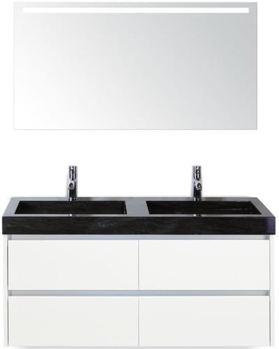 Dante Badmeubelset 120 cm - Wit Hoogglans - Wastafel Hardsteen Wit Lucca Dubbel met Sence Spiegel