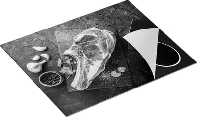 Chefcare Inductie Beschermer Vlees met een Mes op een Marmeren Plaat - Zwart Wit - 65x50 cm - Afdekplaat Inductie - Kookplaat Beschermer - Inductie Mat