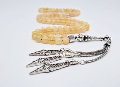Handgemaakte tesbih "Tasbih" natuursteen " Calciet geel " - Aantal kralen 99 - Diameter kralen 8MM - met metaal tassel "Palestina" - Een mooi cadeau-idee