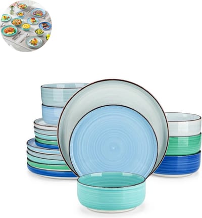 Luxe Serviesset – 18 delig – 6 persoons – Porselein - Bordenset – Dinner platen – Dessertborden - Kommen - Mix-Blauw