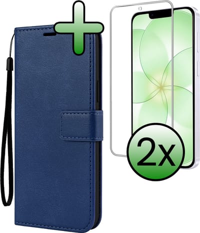 Hoesje Met 2x Screenprotector - Geschikt voor Apple iPhone 17e - Luxe Pasjeshouder - Bookcase Portemonee - Flip Case - Kunstleer Book Case - Flipcase Hoes - Book Cover - Walletcase - Portemonneehoes - Donkerblauw