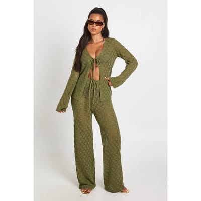 boohoo Dames Gehaakte Vest Met Strikdetail En Wijde Broek Coordinatenset | Kaki | Maat: Small