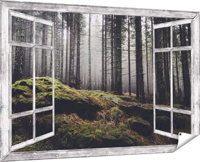 Gards Tuinposter Doorkijk Bos met Mos op Rotsen - 180x120 cm - Tuindoek - Tuindecoratie - Wanddecoratie buiten - Tuinschilderij