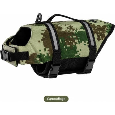 Gilet de sauvetage pour chien réfléchissant réglable Gilet de natation pour animal de compagnie Flottabilité améliorée Maillot de bain de sécurité avec poignée de sauvetage pour chiens (Camouflage,S) camouflage