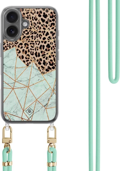 Casimoda® hoesje met koord - Geschikt voor iPhone 16 - Luipaard Marmer Mint - Afneembaar koord - TPU/polycarbonaat - Mint