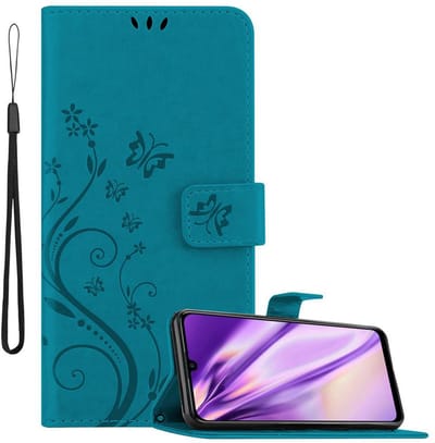 Cadorabo Hoesje geschikt voor Honor 10 LITE / Huawei P SMART 2019 in BLOEMEN BLAUW - Beschermhoes in bloemmotief met magnetische sluiting, standfunctie en kaartsleuven Book Case Cover Etui