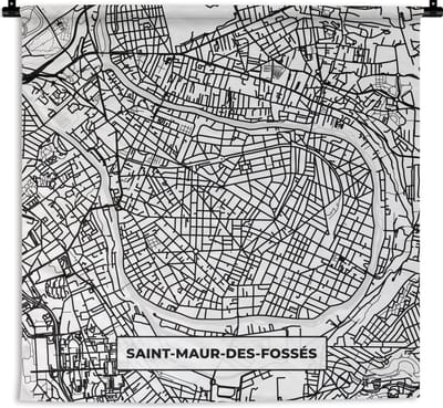 Wandkleed - Wanddoek - Plattegrond - Kaart - Frankrijk - Saint-Maur-des-Fossés - Stadskaart - Zwart wit - 180x180 cm - Wandtapijt