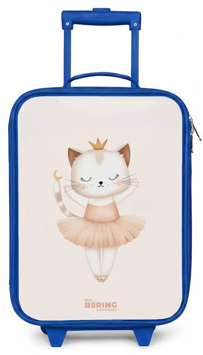 NoBoringSuitcases.com® - Kinderkoffer blauw - Kindertrolley jongen - Ballerina kitten in beige kleuren - Koffer kind lichtgewicht - Reiskoffer trolley voor kinderen - Koffertje met lichtgevende wieltjes - Rolkoffer