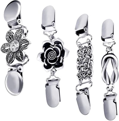 QTTVBTNA - 4 Stuks - Vintage Broche clip - Vestklem - Vestsluiting dames - kraag broche clip - Geschikt voor overhemden, gebreide jassen, jurken, jasjes - Antislip Vaste Gesp - Zilver - 4 Stijlen