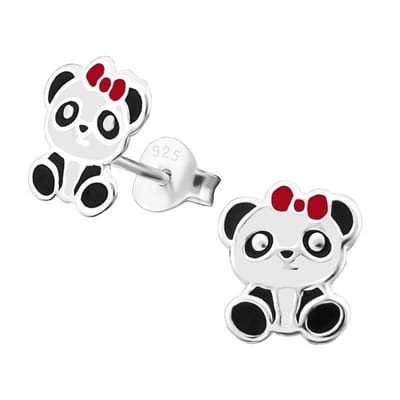 Aramat Jewels | Oorbellen | 925 Zilveren Panda Oorbellen 8mm Kinderen - Schattige Pandabeer Oorstekers | Panda strik Rood-9x7mm | |9mm | Zilver | Kinderen | Verkleurd niet