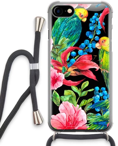 Case Company® - Hoesje met koord geschikt voor iPhone SE 2020 hoesje met Koord - Papegaaien - Telefoonhoesje met Zwart Koord - Bescherming aan alle Kanten en Over de Schermrand