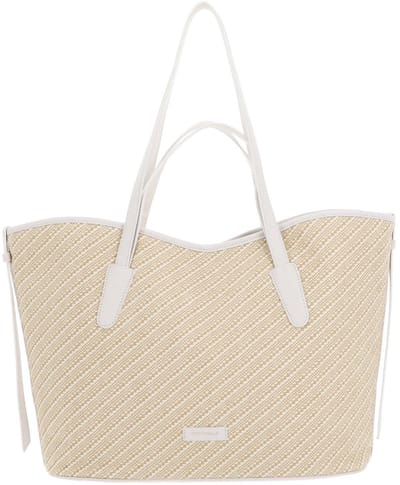 COCCINELLE Leren Shopper Handtas New Never Without Bag Bicolor Straw Handbag Mul. Blanco / Blan Beige