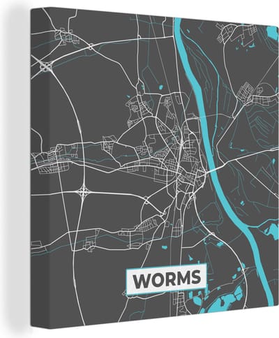 Canvas Schilderij Stadskaart – Kaart – Worms – Blauw – Duitsland – Plattegrond - 20x20 cm - Wanddecoratie